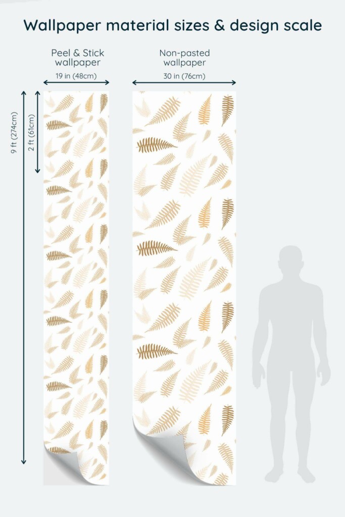 Size comparison of Fern leaf Peel & Stick and Non-pasted wallpapers with design scale relative to human figure