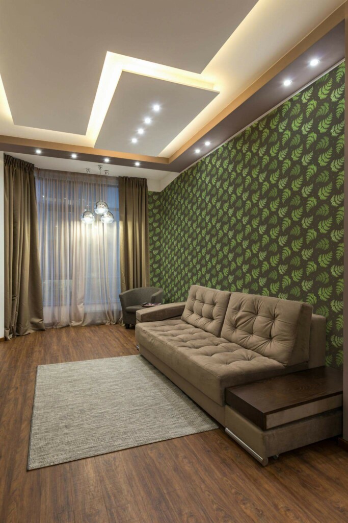 Modern Eastern European style living room decorated with Fern peel and stick wallpaper
