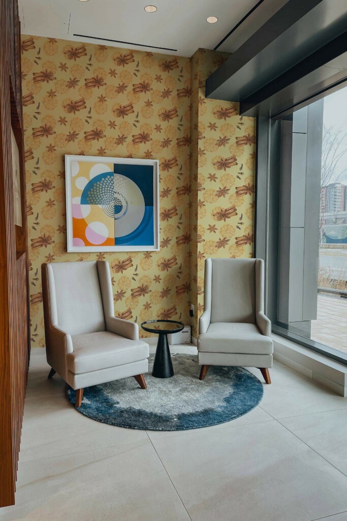 Mid-century-modern style living room decorated with Festive season peel and stick wallpaper