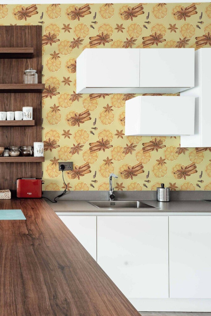 Rustic Scandinavian style kitchen decorated with Festive season peel and stick wallpaper