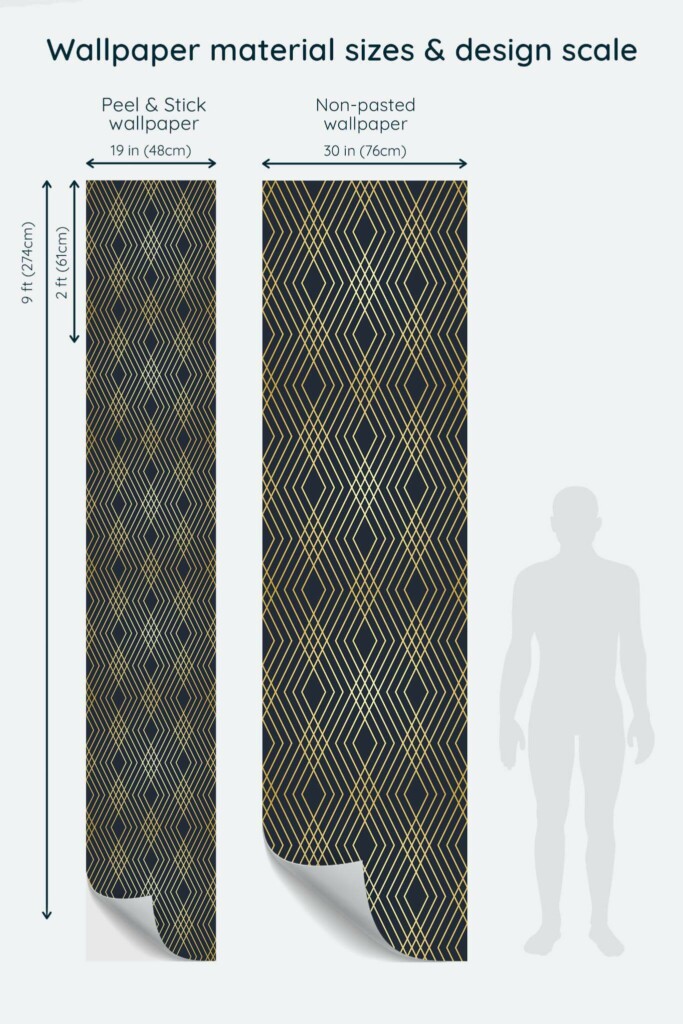 Size comparison of Fine lines Peel & Stick and Non-pasted wallpapers with design scale relative to human figure