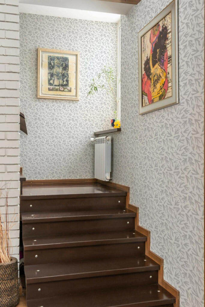 Mid-century style staircase decorated with Fir branches peel and stick wallpaper