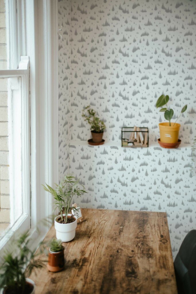 Farmhouse style home office decorated with Fir tree peel and stick wallpaper