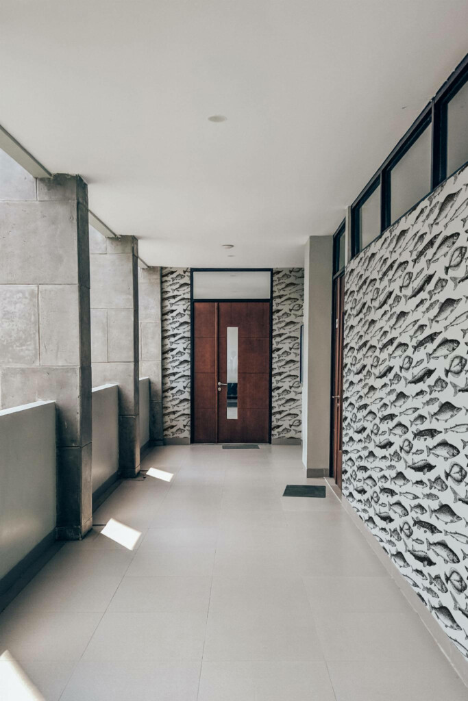 Industrial style hallway with a balcony decorated with Fish pattern peel and stick wallpaper