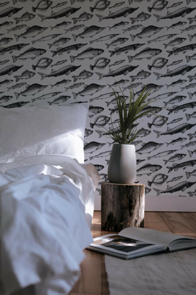 Minimal scandinavian style bedroom decorated with Fish pattern peel and stick wallpaper