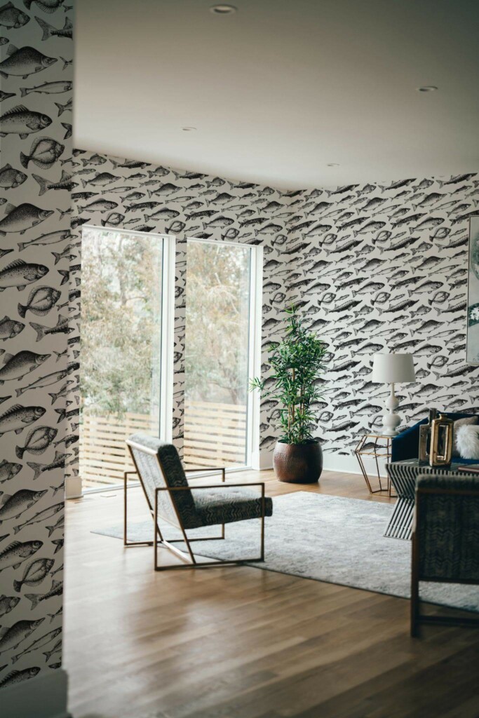 Modern style living room decorated with Fish pattern peel and stick wallpaper