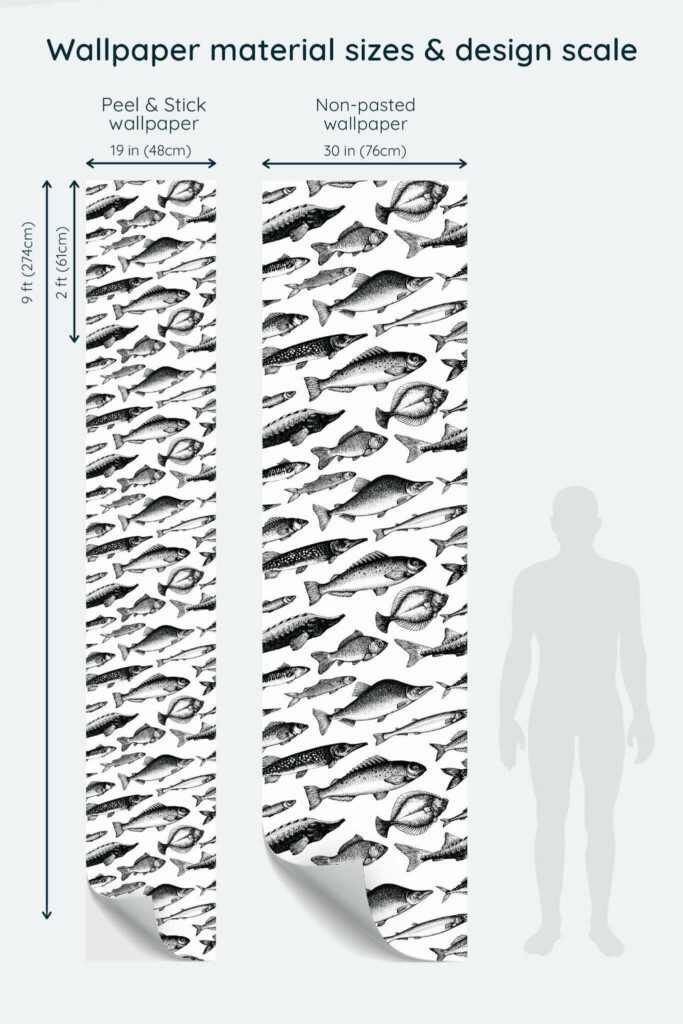 Size comparison of Fish pattern Peel & Stick and Non-pasted wallpapers with design scale relative to human figure