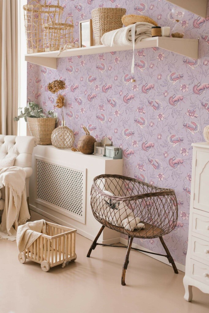 Neutral style nursery decorated with Fish peel and stick wallpaper