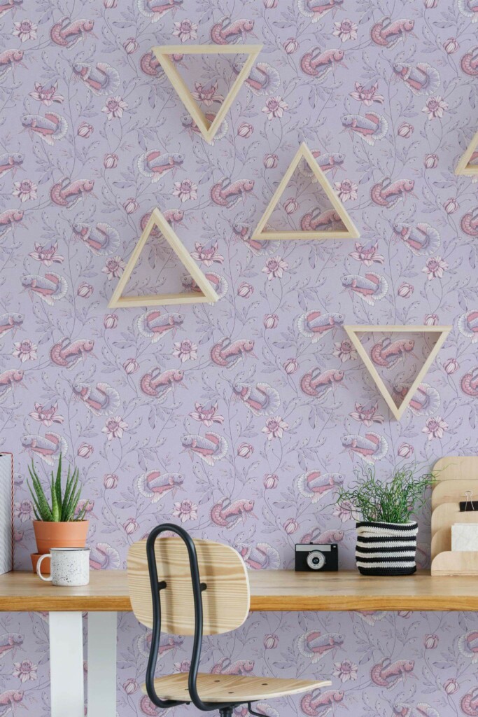 Scandinavian style home office decorated with Fish peel and stick wallpaper
