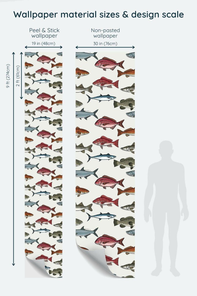 Size comparison of Fish Peel & Stick and Non-pasted wallpapers with design scale relative to human figure
