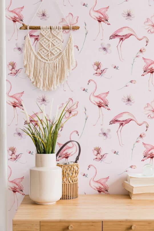 flamingo pink and green traditional wallpaper