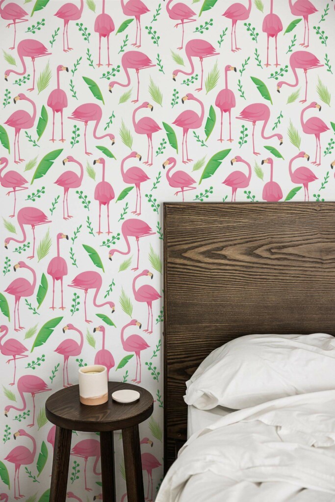 Farmhouse style bedroom decorated with Flamingo peel and stick wallpaper