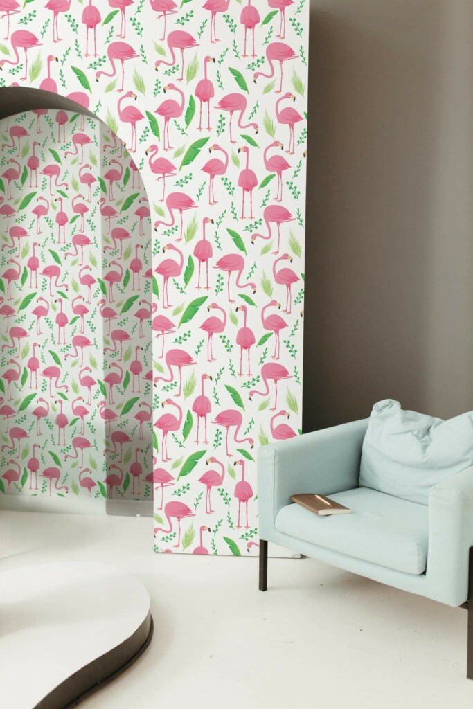 Mondern boho style living room decorated with Flamingo peel and stick wallpaper
