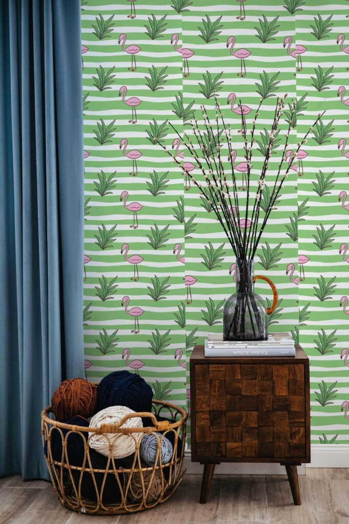 Coastal style living room decorated with Flamingo striped peel and stick wallpaper