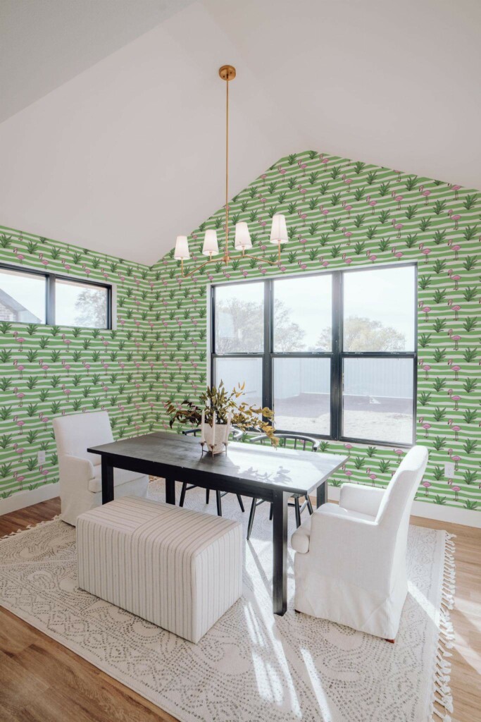 Elegant minimal style dining room decorated with Flamingo striped peel and stick wallpaper