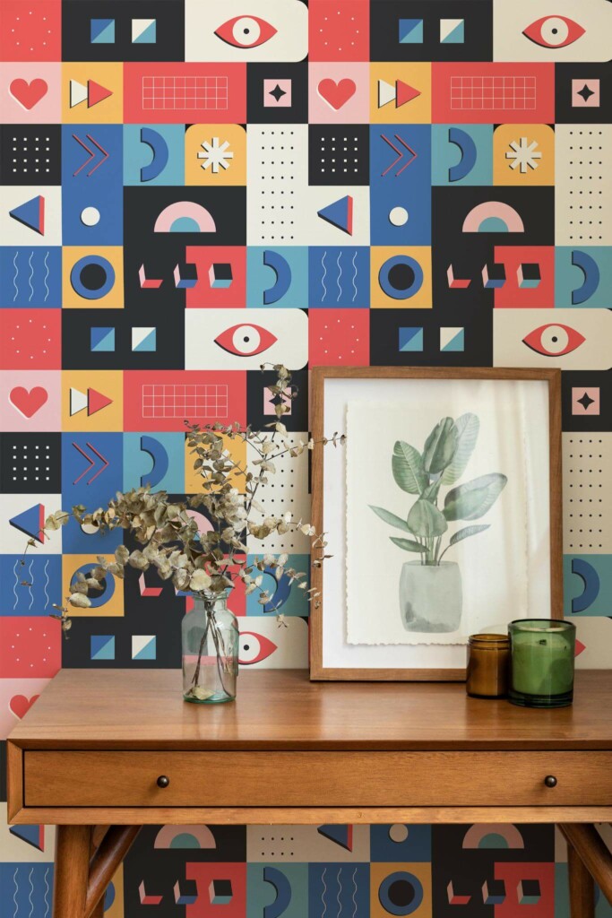Mid-century modern style living room decorated with Flat abstract pattern peel and stick wallpaper