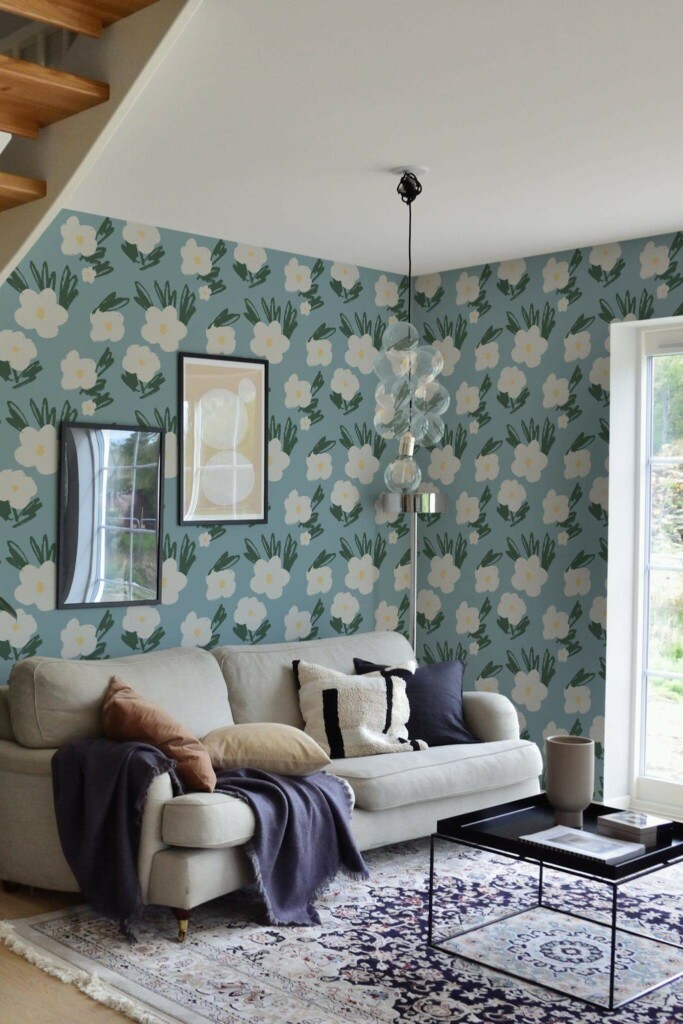 Contemporary style living room and kitchendecorated with Floral accent peel and stick wallpaper