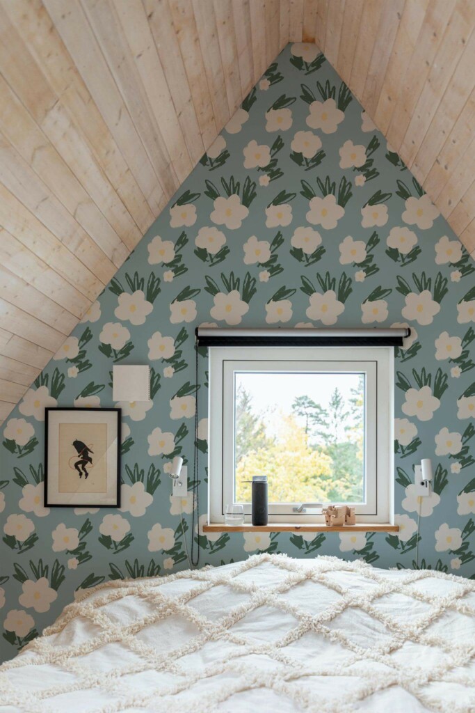 Light farmhouse style bedroom decorated with Floral accent peel and stick wallpaper