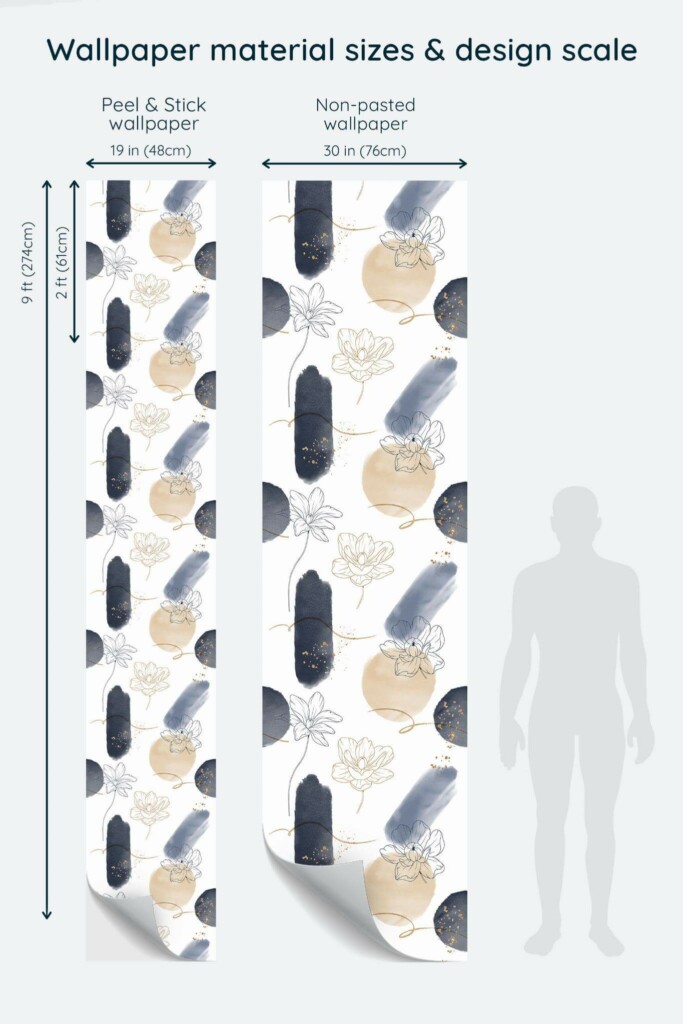 Size comparison of Floral and brush stroke Peel & Stick and Non-pasted wallpapers with design scale relative to human figure