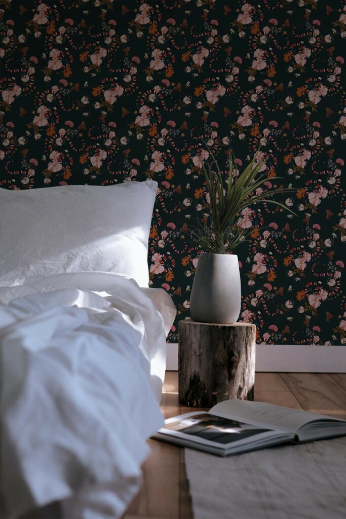 Minimal scandinavian style bedroom decorated with Floral and snake peel and stick wallpaper