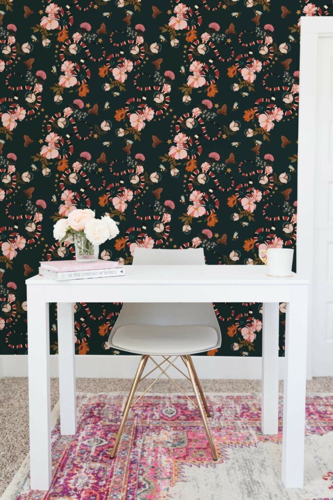 Shabby chic style home office decorated with Floral and snake peel and stick wallpaper