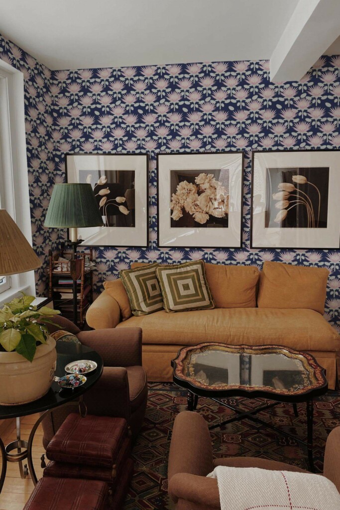 Mid-century eclectic style living room decorated with Floral Art deco peel and stick wallpaper