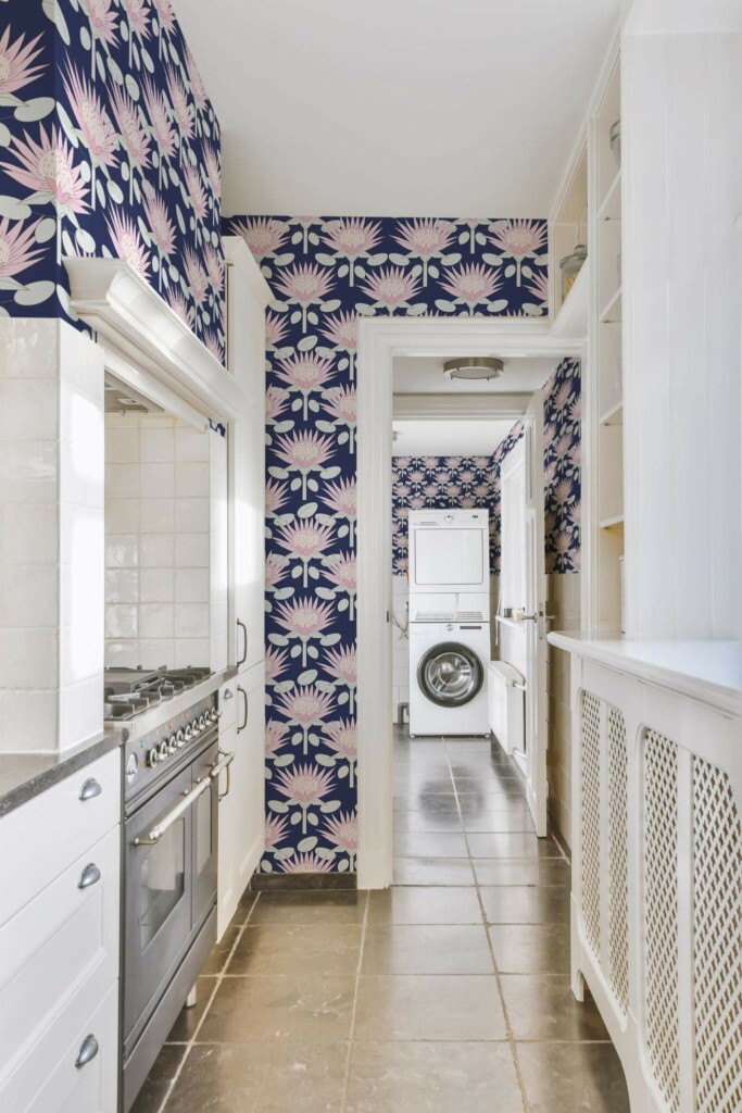 Minimal farmhouse style laundry room decorated with Floral Art deco peel and stick wallpaper