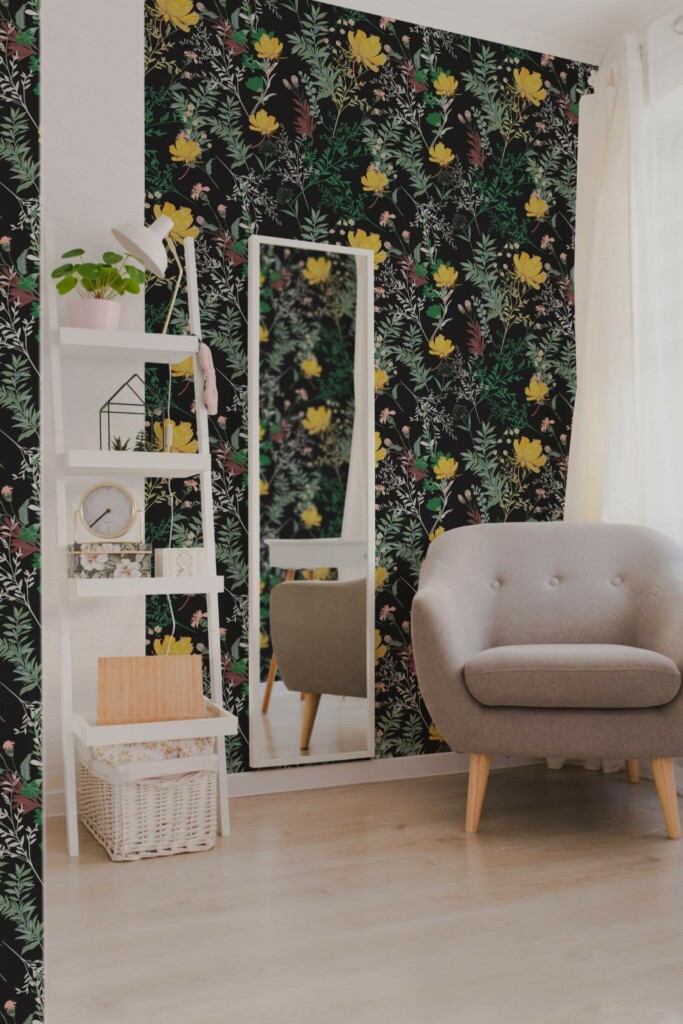 Light boho style living room decorated with Floral black peel and stick wallpaper