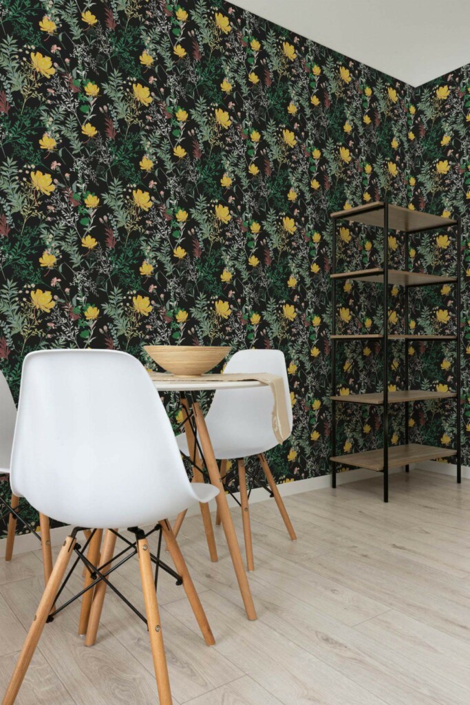 Minimalist style dining room decorated with Floral black peel and stick wallpaper
