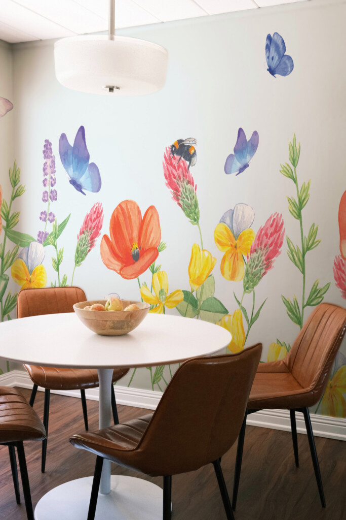 Removable wall mural showing a whimsical flower field with delicate bees and bright butterflies by Fancy Walls