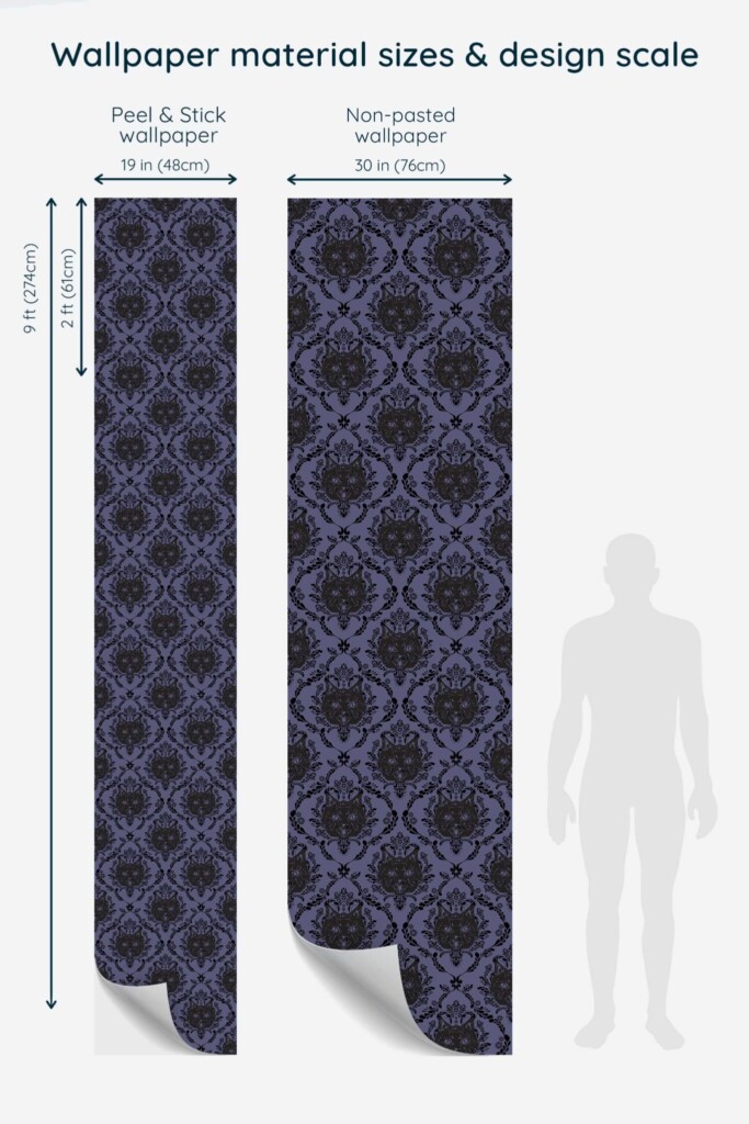 Fancy Walls traditional wallpaper with baroque cat heads in dramatic black on purple