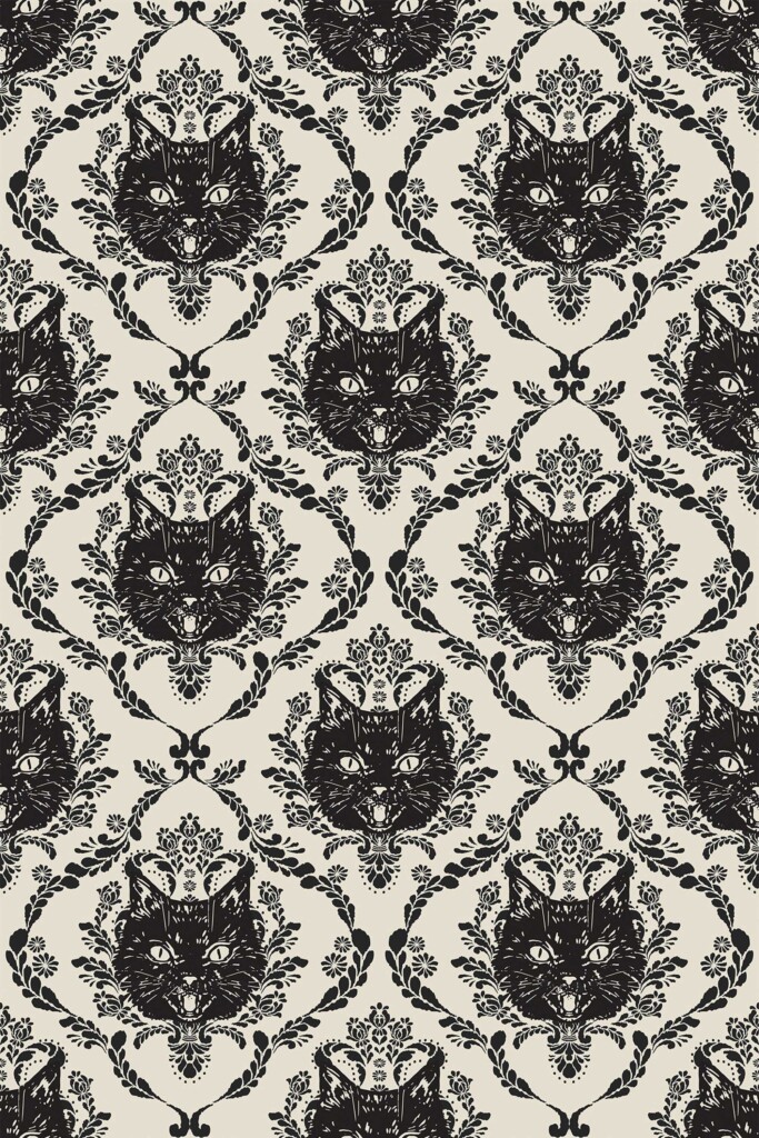 Fancy Walls traditional wallpaper featuring intense black cats and vintage damask shapes