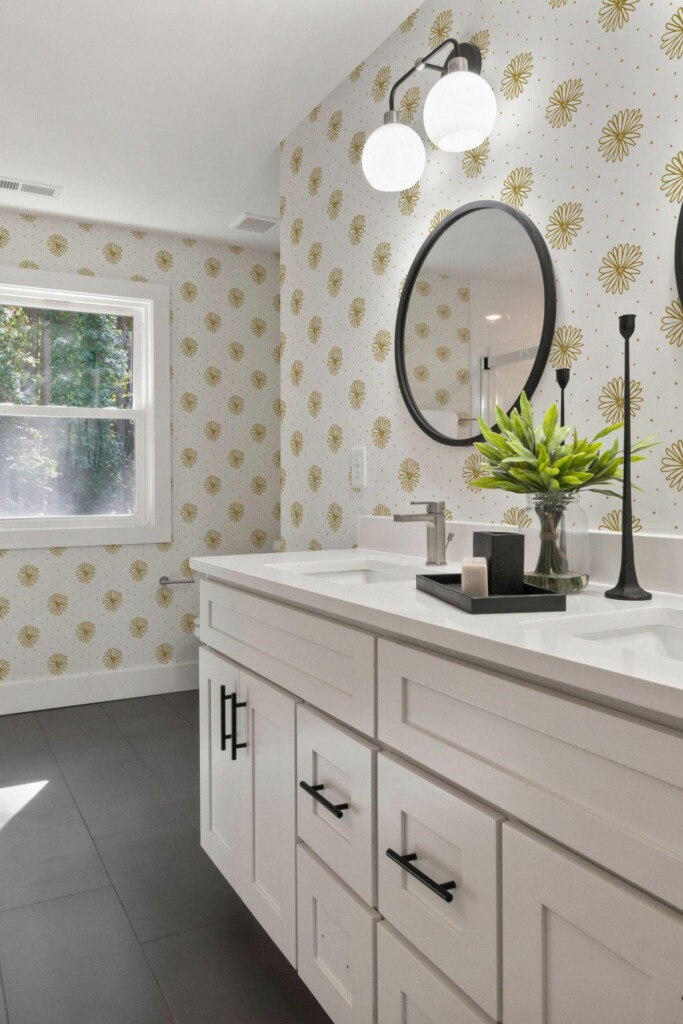 Scandinavian farmhouse style powder room decorated with Floral daisy peel and stick wallpaper