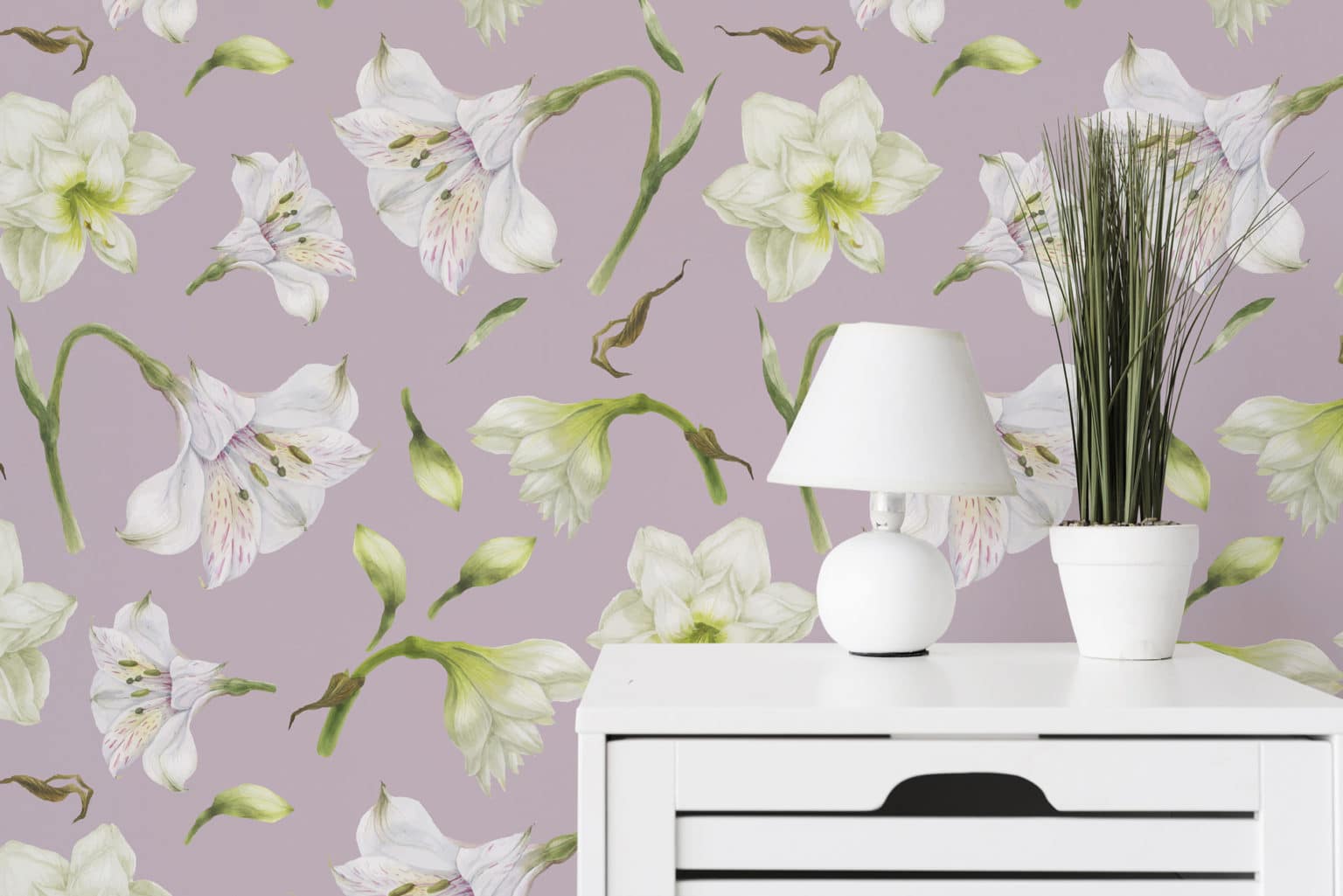 Lavender and white floral pattern wallpaper - Peel and Stick Removable