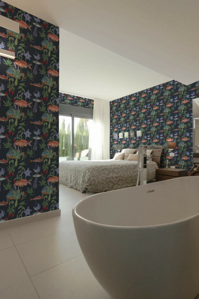 Modern style bedroom with open bathroom decorated with Floral fish peel and stick wallpaper