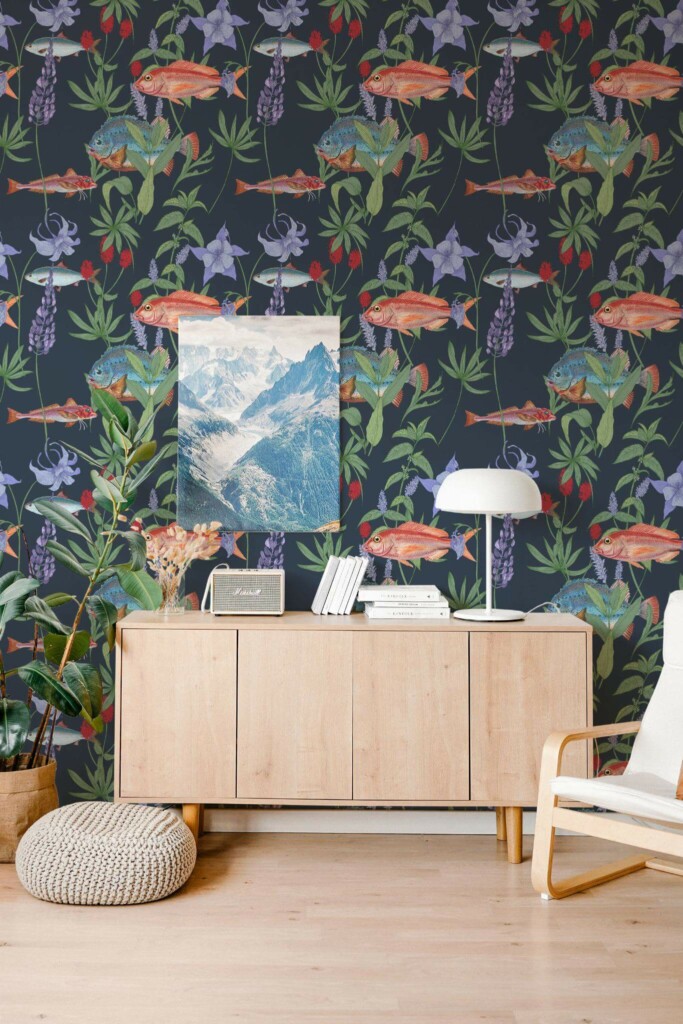 Scandinavian style living room decorated with Floral fish peel and stick wallpaper