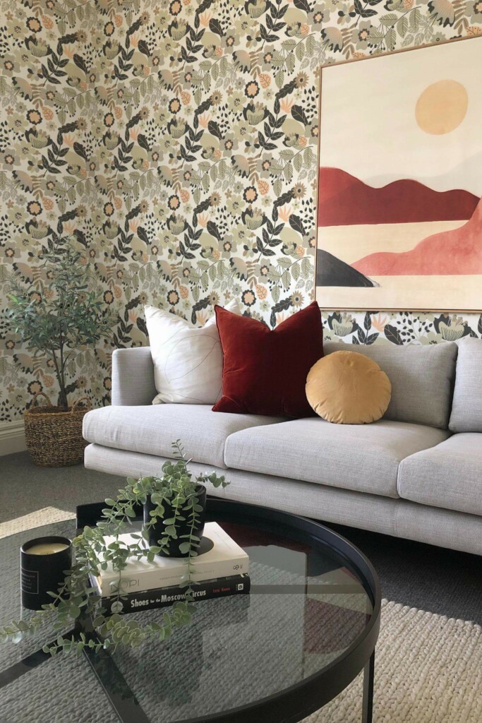 Boho style living room decorated with Floral Garden peel and stick wallpaper