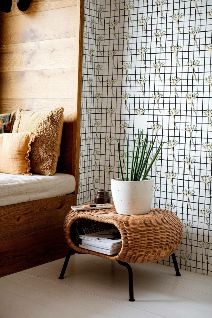 Mid-century modern style bedroom decorated with Floral grid peel and stick wallpaper