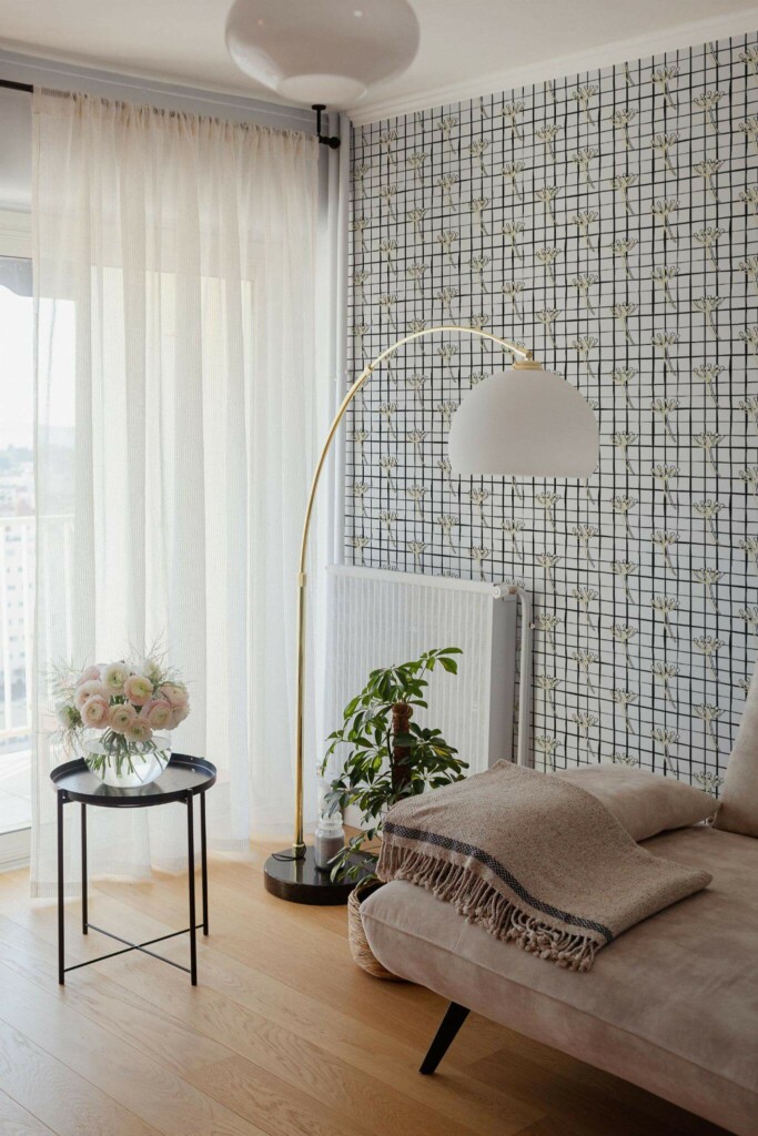 Bohemian Scandinavian style living room decorated with Floral grid peel and stick wallpaper