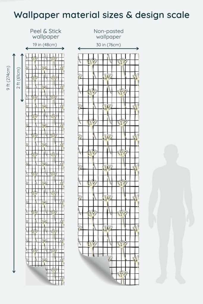 Size comparison of Floral grid Peel & Stick and Non-pasted wallpapers with design scale relative to human figure
