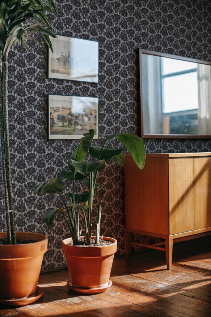 Fancy Walls lingerie-style traditional wallpaper with Dark Laces in rustic living rom interior