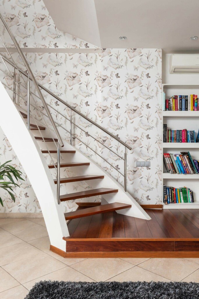 Modern style hallway with stairs decorated with Floral letter peel and stick wallpaper
