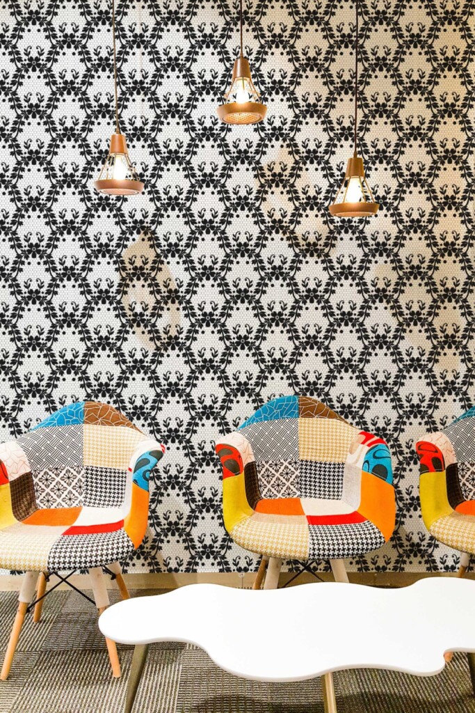 Traditional wallpaper with gothic damask-style lace by Fancy Walls. Vintage Gothic Laces wallpaper in cozy cafe interior