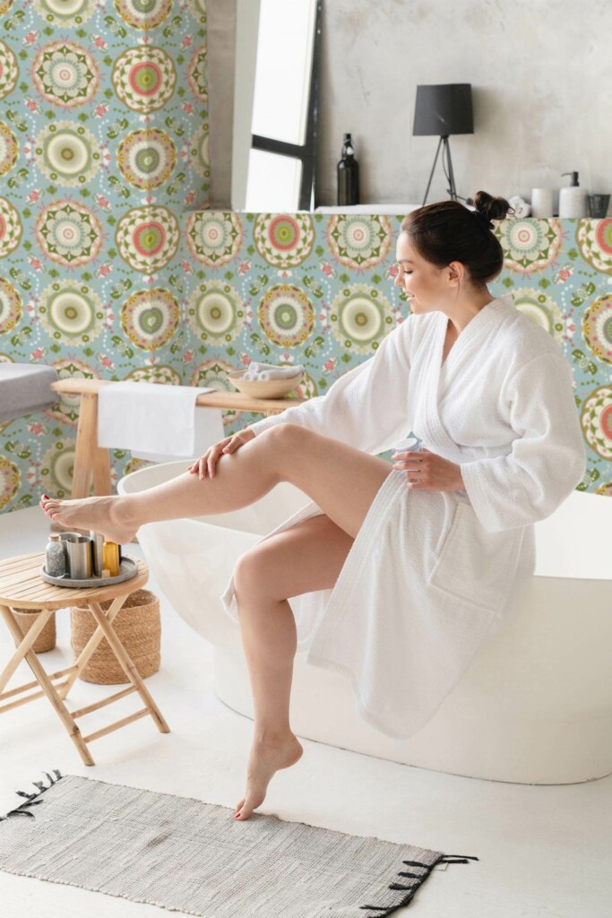 Modern boho style spa room decorated with Floral moroccan mandala peel and stick wallpaper
