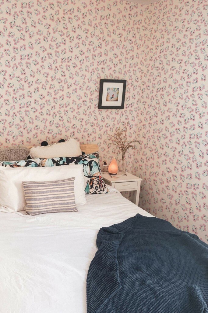Minimal boho style bedroom decorated with Floral nursery peel and stick wallpaper