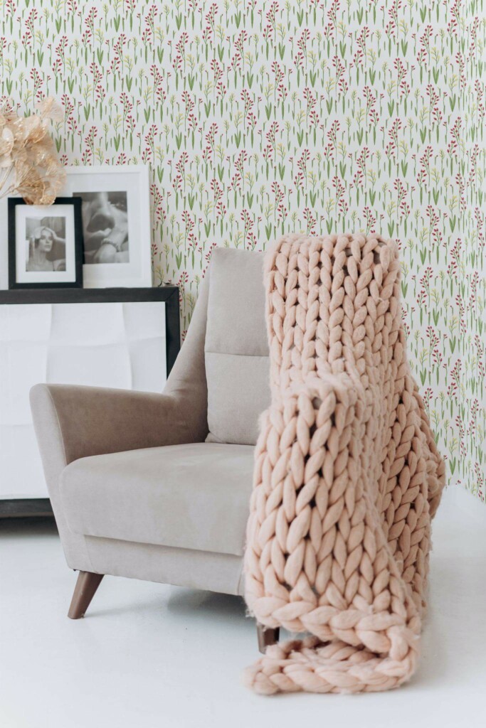 Boho style living room decorated with Floral pattern peel and stick wallpaper