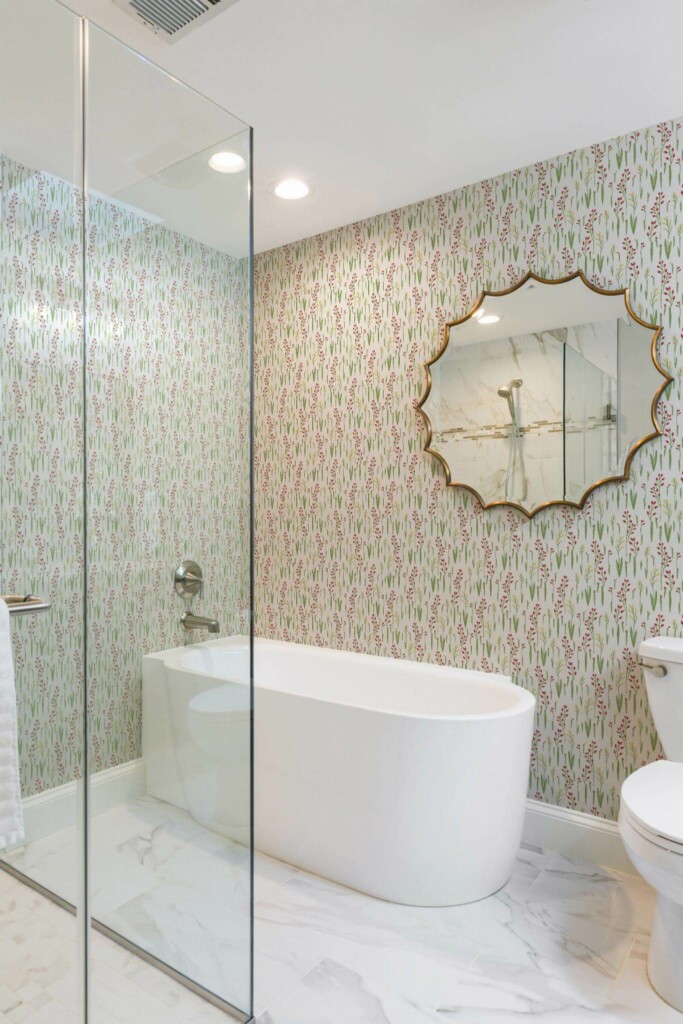 Minimal modern style bathroom decorated with Floral pattern peel and stick wallpaper