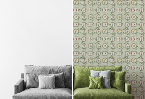 green and cream color stick and peel wallpaper