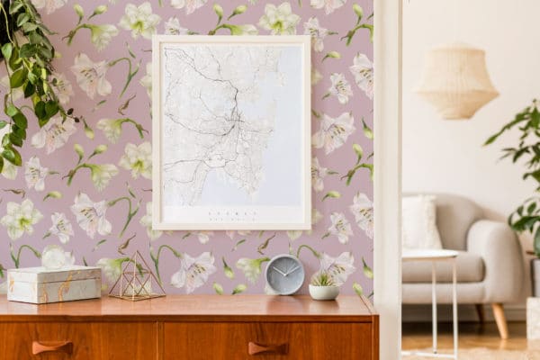 Purple and white floral peel and stick removable wallpaper