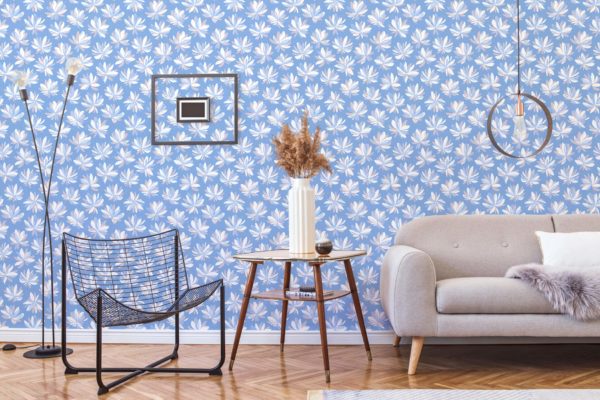 Blue and white Scandinavian floral peel and stick removable wallpaper